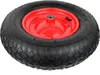 A close-up studio shot of a wheel with a red rim and black tire. Produktbild-Vorschau