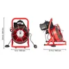 Two views of a red drain cleaning machine with a coiled cable. Produktbild-Vorschau