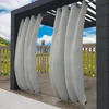 Outdoor curtains hanging on a pergola on a wooden deck with a view of greenery and sky. Produktbild-Vorschau
