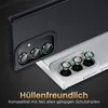 Close-up view of camera lens protectors on two smartphones, one black and one white, with German text overlay. Produktbild-Vorschau