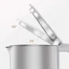 Close-up of a silver electric kettle lid opening to two different angles, indicated by degree markings. Náhľad obrázku produktu