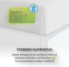 A close-up view of a white bed frame corner with a green and yellow marketing graphic overlay. Produktbild-Vorschau