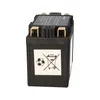 A black battery with gold terminals and warning symbols on a white background. Voir les images du produit