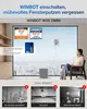 A woman is sitting in a chair looking out a window, while a window cleaning robot is attached to the window. Below are three images illustrating problems without the robot. Produktbild-Vorschau