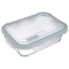 A clear glass food storage container with a light green lid. Produktbild-Vorschau