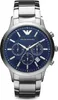 A close-up studio shot of an Emporio Armani chronograph watch with a blue dial and silver metal band. Produktbild-Vorschau