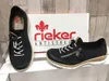 A pair of black Rieker shoes are displayed next to their white box, which features the Rieker logo and 'ANTISTRESS' text. Produktbild-Vorschau