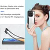 A woman is holding a phone case in front of her face, with a diagram showing how the case fits onto a phone. Produktbild-Vorschau