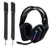 A pair of gaming headphones and two microphone attachments are displayed against a white background. Voir les images du produit