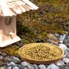 A birdhouse and a bowl of birdseed are in a garden setting with a bird nearby. Produktbild-Vorschau