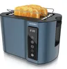 A blue toaster with two slices of bread on a white background. Voir les images du produit