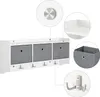 A white wall-mounted shelf with three gray fabric storage bins and five metal hooks, with close-up insets showing details of the shelf construction, a storage bin, and a hook. Voir les images du produit