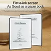 Two e-readers are shown on a wooden surface, with a stack of books on the left. The foreground e-reader displays an open book with birds flying out. Text overlays describe the product's features. Náhled obrázku produktu