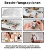Collage mit weißen Gewürzglas-Etiketten, Händen, die ein Etikett auf ein Gewürzglas kleben, und beschrifteten Gewürzgläsern Produktbild-Vorschau