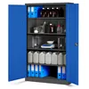 An open, gray metal cabinet with bright blue doors, filled with laboratory or office supplies. Podgląd zdjęcia produktu