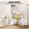 A pull-out cabinet organizer with two shelves, filled with various bottles and dishes, is shown partially extended from a white cabinet. Podgląd zdjęcia produktu