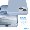 A close-up marketing image showing a blue silicone phone case for an iPhone 14, highlighting its protective features. Produktbild-Vorschau