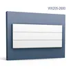 A white decorative panel with horizontal lines is mounted on a blue wall. Produktbild-Vorschau