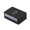A black multi-port USB charging station with a wireless charging pad on top. Produktbild-Vorschau