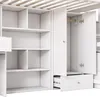 A white loft bed with integrated storage, including shelves, a wardrobe, and drawers. Podgląd zdjęcia produktu