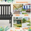 A collage showing a black garden bench and four different outdoor settings where it can be used: a porch, a garden, a backyard, and a park. Produktbild-Vorschau