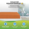 A close-up of an orange fitted sheet on a bed, with marketing text and icons below. Anteprima dell’immagine prodotto