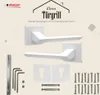 A product image showcasing a white door handle set with its accessories, presented with marketing text and graphics. Produktbild-Vorschau