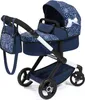 A blue and white patterned doll stroller with a matching bag is shown against a white background. Produktbild-Vorschau
