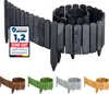 A dark gray wooden garden border fence is shown coiled and uncoiled, with smaller examples in brown, green, gray, and orange shown below. A 'Warentest' badge is present on the left. Voir les images du produit
