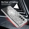 A futuristic, metallic background with geometric shapes and a silver phone case with a circuit board design. Produktbild-Vorschau