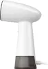 A side view of a white and gray handheld garment steamer against a white background. Voir les images du produit