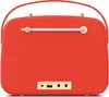 The back of a red retro-style radio with gold accents. Produktbild-Vorschau