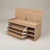 A wooden shoe cabinet with a hinged lid and pull-out shelves, shown against a plain background. Produktbild-Vorschau
