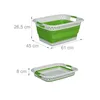 A collapsible laundry basket is shown in two states: fully expanded and folded flat, with dimensions indicated. Produktbild-Vorschau