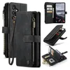 A collage of images showing a black leather wallet-style phone case for a Samsung Galaxy S24, with various angles and internal views. Produktbild-Vorschau