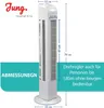 A tower fan with dimensions and feature text. Produktbild-Vorschau