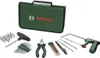 A collection of Bosch tools laid out on a white background, with a green tool case in the background. Produktbild-Vorschau