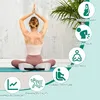 A woman is meditating on a cushion, with icons and text around her highlighting product benefits. Produktbild-Vorschau