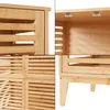 A collage of close-up shots of a wooden cabinet, showing details of its construction and features. Produktbild-Vorschau