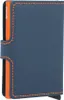 A close-up, side view of a Secrid Miniwallet in matte night blue with orange stitching and an orange interior. Anteprima dell’immagine prodotto