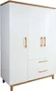 A white wardrobe with wooden accents and handles, shown from a slightly angled front view. Produktbild-Vorschau