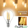 A product image featuring a clear LED light bulb in the foreground and several similar bulbs in the background, with marketing text and a logo. Produktbild-Vorschau