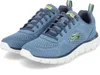 A pair of blue Skechers sneakers on a white background. Voir les images du produit