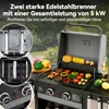 A gas grill with food cooking on it, set in an outdoor environment. Produktbild-Vorschau