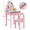 A pink children's vanity table and stool set with various accessories, featuring measurement annotations. Podgląd zdjęcia produktu