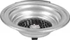 A close-up, angled view of a silver metal sink strainer with black pegs and a small white plastic component in the center. Produktbild-Vorschau