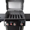 A close-up view of the interior of a black gas grill with the lid open. Podgląd zdjęcia produktu