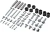 A collection of hardware components, including screws, wall anchors, and spacers, laid out on a white background. Produktbild-Vorschau