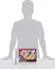 A silhouette of a person is shown, with a product box placed in front of them. A ruler indicates the height of the box. Produktbild-Vorschau