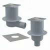 Two floor drains and a square plate with a circular cutout are displayed against a white background. Produktbild-Vorschau